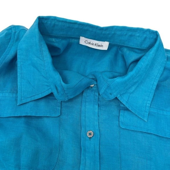 Calvin Klein Teal Blue 100% Linen Long Roll Tab Sleeve Button Up Shirt Size 1X - Picture 8 of 14